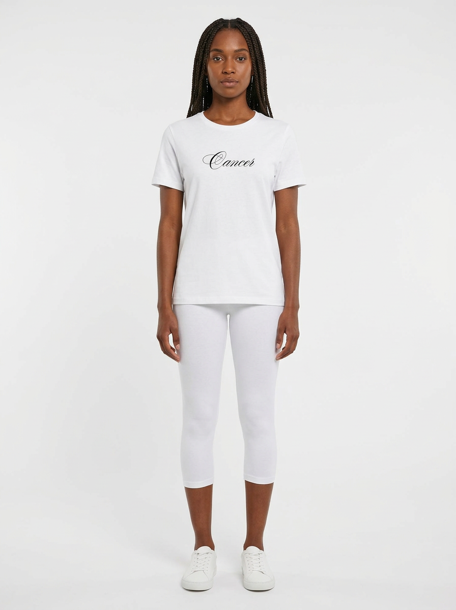 Model in the Cancer White Top with white capris