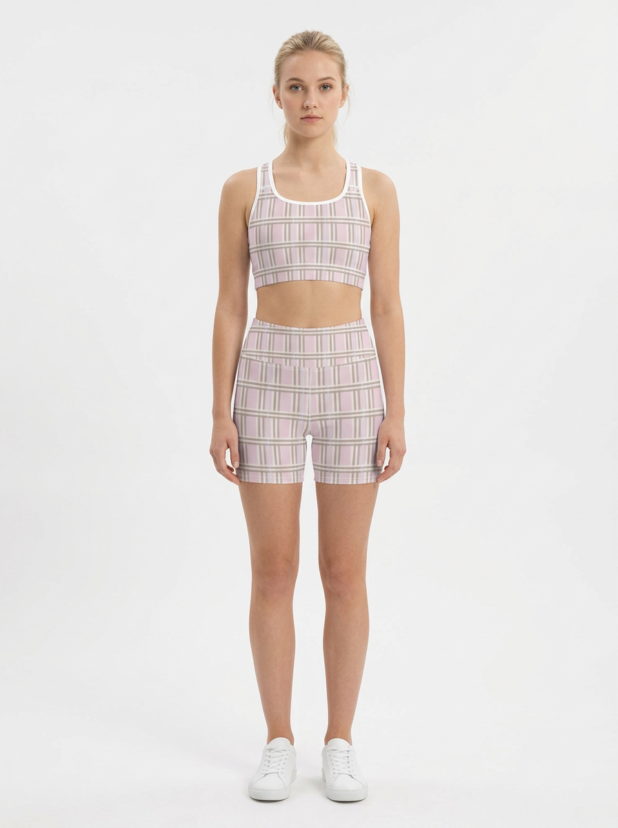 Model wearing the Pretty in Plaid Active Set (bra and shorts)