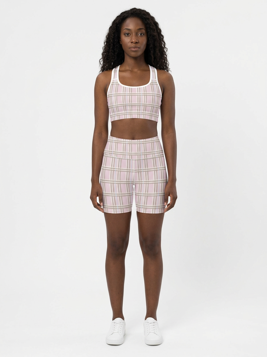 Model wearing the Pretty in Plaid Active Set (bra and shorts)