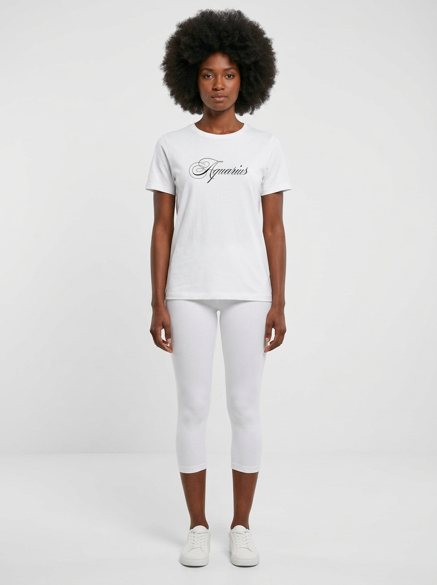 Model in the Aquarius White Top with white capris