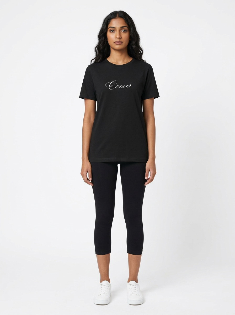Model in the Cancer Black Top with black capris