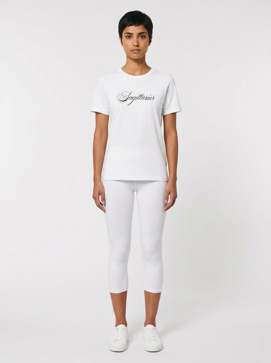 Model in the Sagittarius White Top with white capris