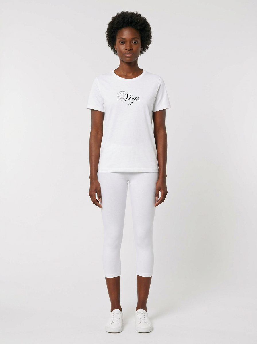 Model in the Virgo White Top with white capris